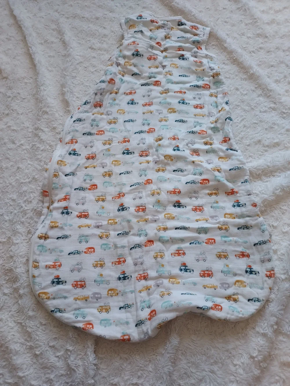 Loulou Lollipop Bamboo Muslin White Sleep Sack Colorful Car Truck Print 0-6mo